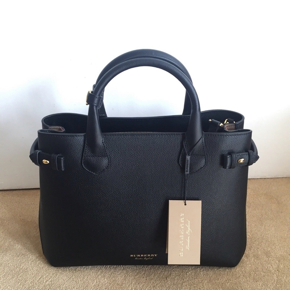 Burberry Banner Bag Shoulder Strap Tote Handbag Black Leather NWT